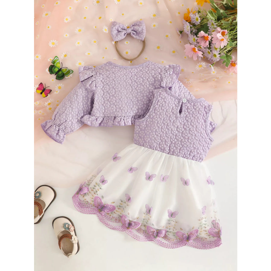 Children’s Floral and Butterfly Dress Cardigan Set with Headband Apparel Accessories