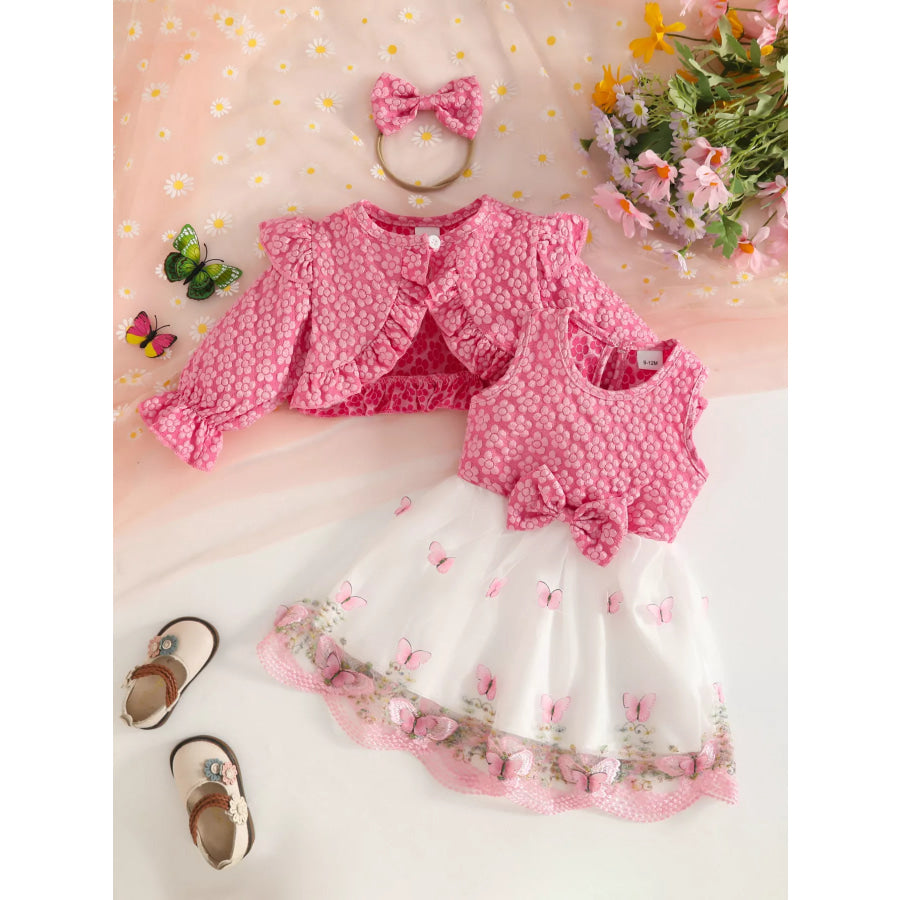 Children’s Floral and Butterfly Dress Cardigan Set with Headband Deep Pink / 9-12M Apparel Accessories