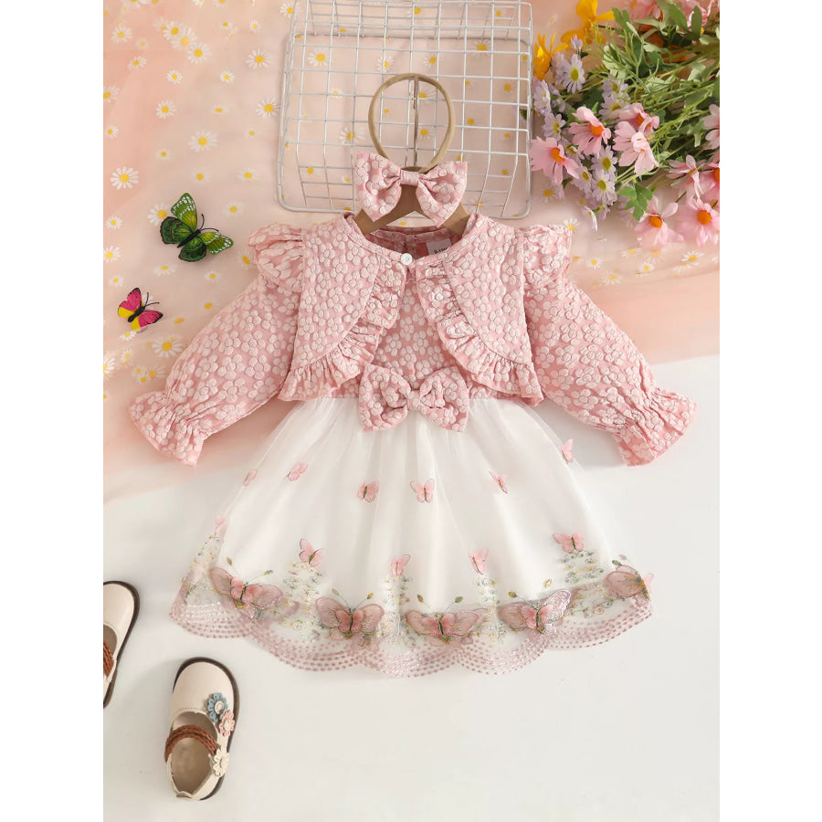 Children’s Floral and Butterfly Dress Cardigan Set with Headband Pink / 9-12M Apparel Accessories