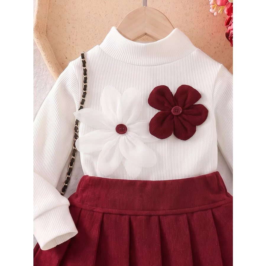 Children’s Floral Applique Mock Neck Top and Pleated Skirt Set White / 3-6M Apparel and Accessories