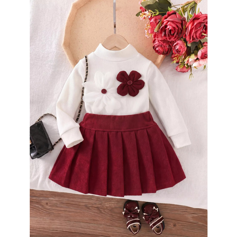 Children’s Floral Applique Mock Neck Top and Pleated Skirt Set White / 3-6M Apparel and Accessories