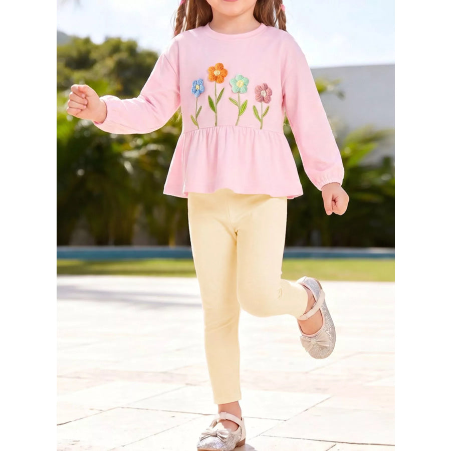 Children’s Floral Applique Peplum Top and Leggings Set Blush Pink / 2Y Apparel and Accessories
