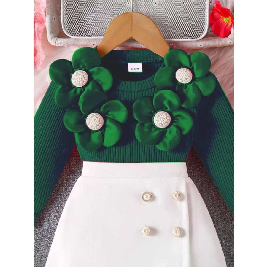 Children’s Floral Applique Ribbed Top & Button Decor Skirt Set Apparel and Accessories