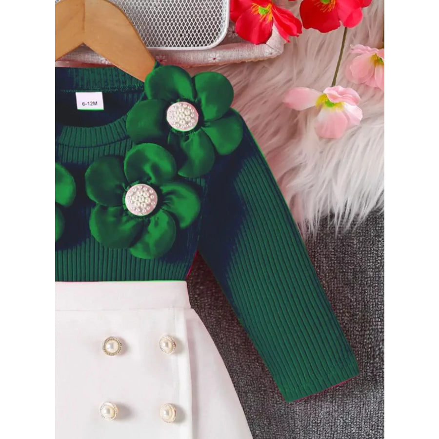 Children’s Floral Applique Ribbed Top & Button Decor Skirt Set Apparel and Accessories