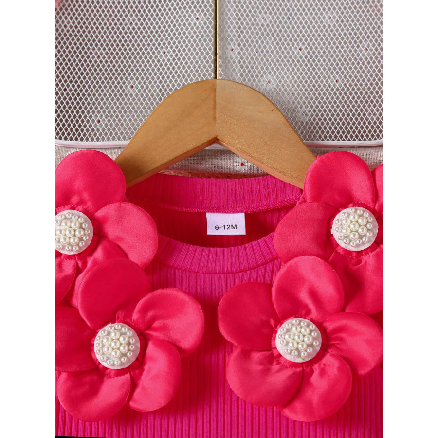 Children’s Floral Applique Ribbed Top & Button Decor Skirt Set Apparel and Accessories