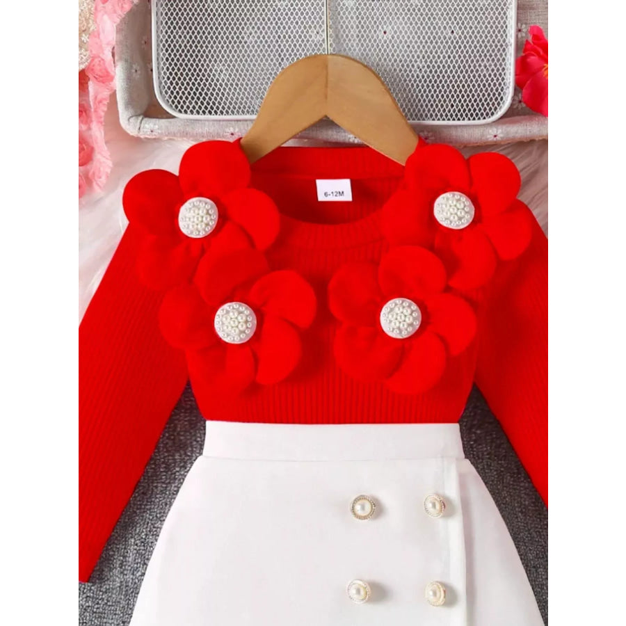 Children’s Floral Applique Ribbed Top & Button Decor Skirt Set Apparel and Accessories