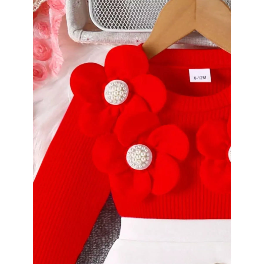 Children’s Floral Applique Ribbed Top & Button Decor Skirt Set Apparel and Accessories