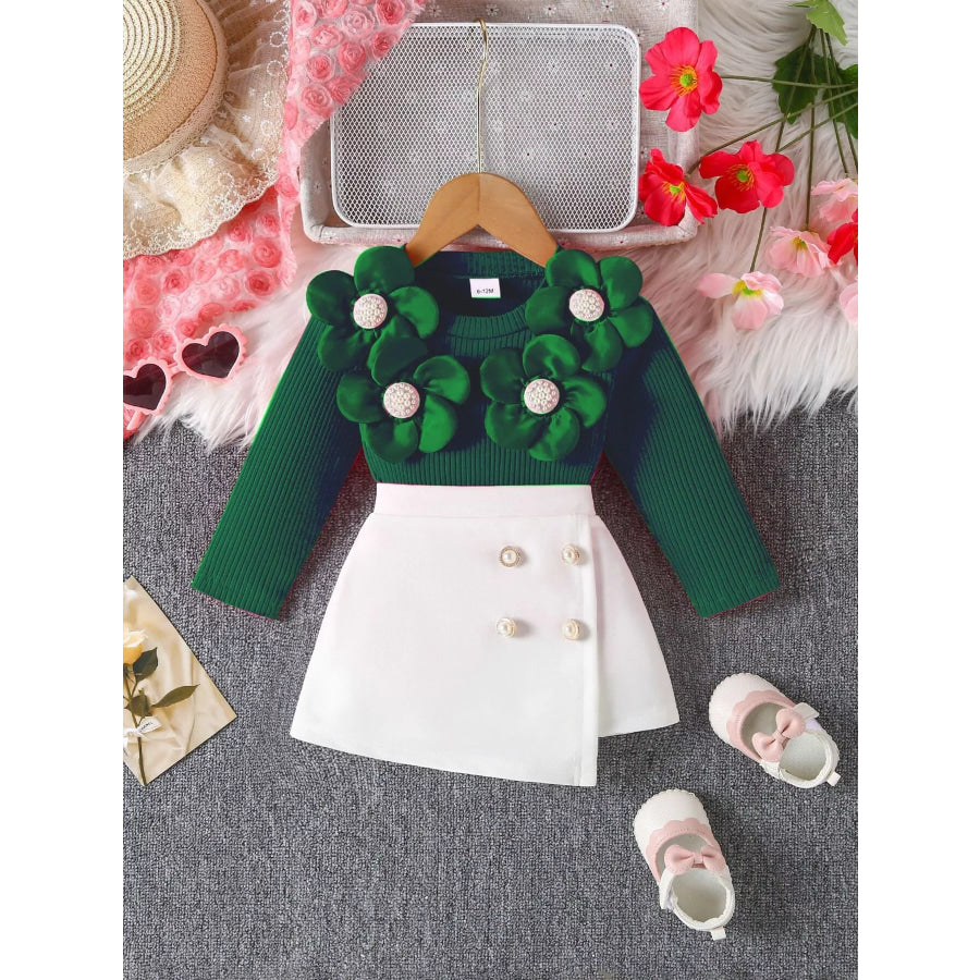 Children’s Floral Applique Ribbed Top & Button Decor Skirt Set Dark Green / 6-12M Apparel and Accessories