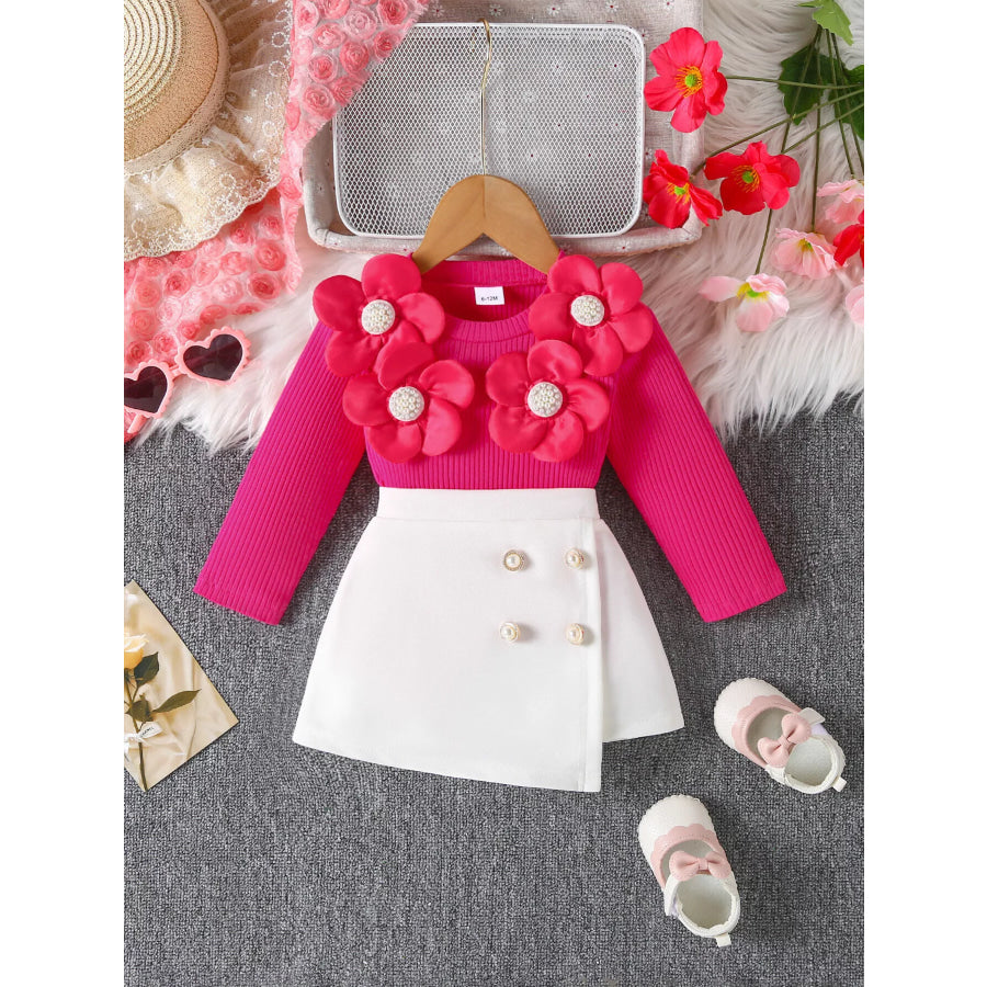 Children’s Floral Applique Ribbed Top & Button Decor Skirt Set Deep Rose / 6-12M Apparel and Accessories