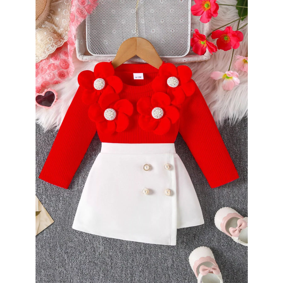 Children’s Floral Applique Ribbed Top & Button Decor Skirt Set Red / 6-12M Apparel and Accessories