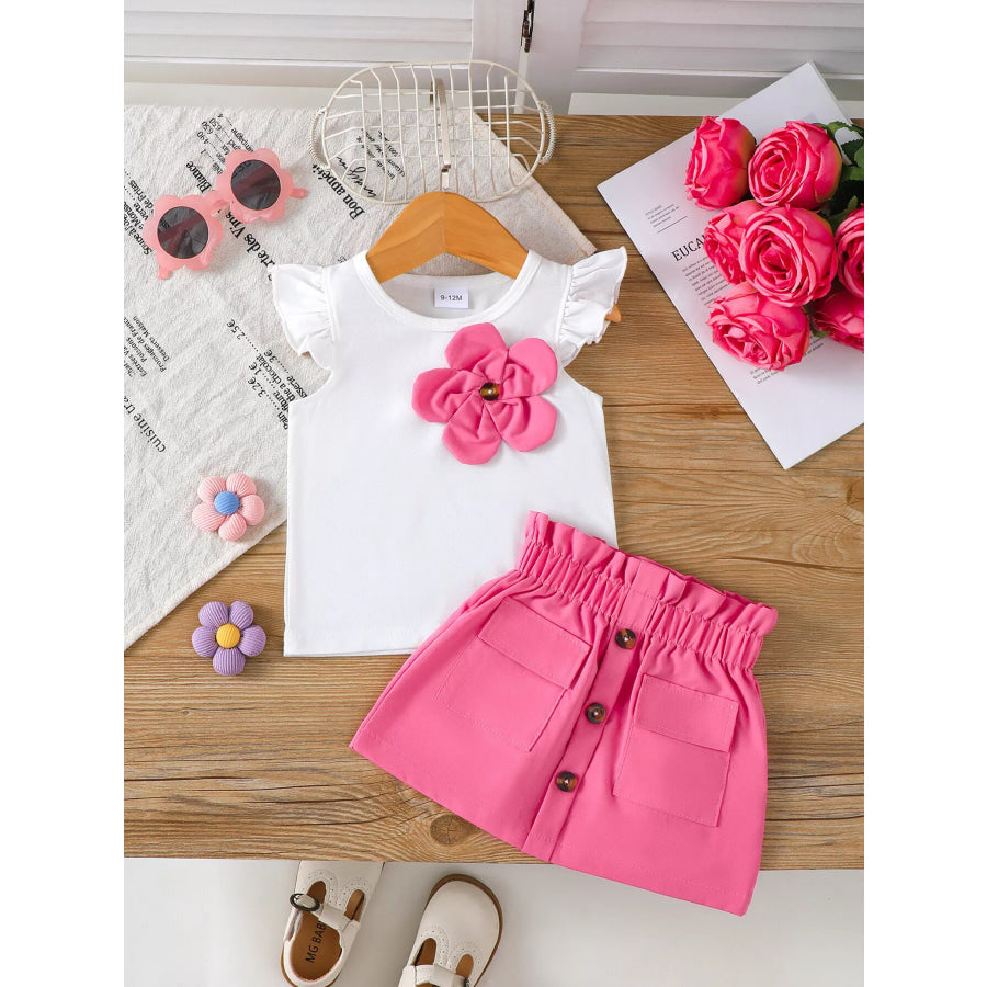 Children’s Floral Applique Ruffle Sleeve Top & Skirt Set Apparel and Accessories