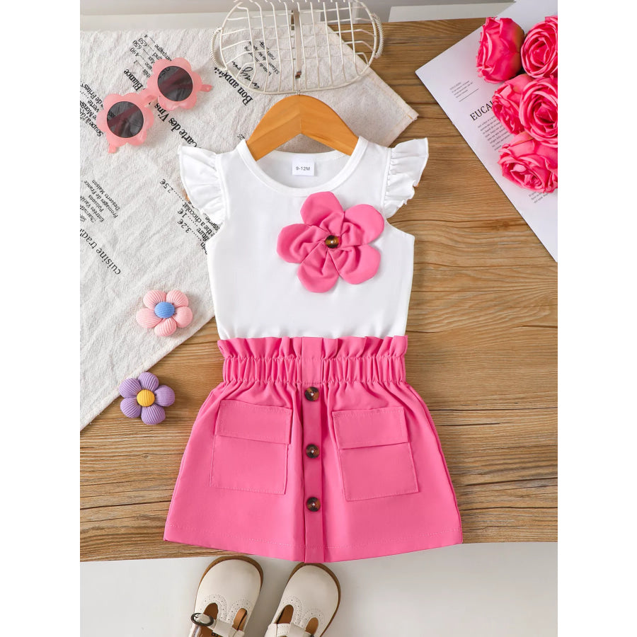 Children’s Floral Applique Ruffle Sleeve Top & Skirt Set Rose Red / 6-9M Apparel and Accessories