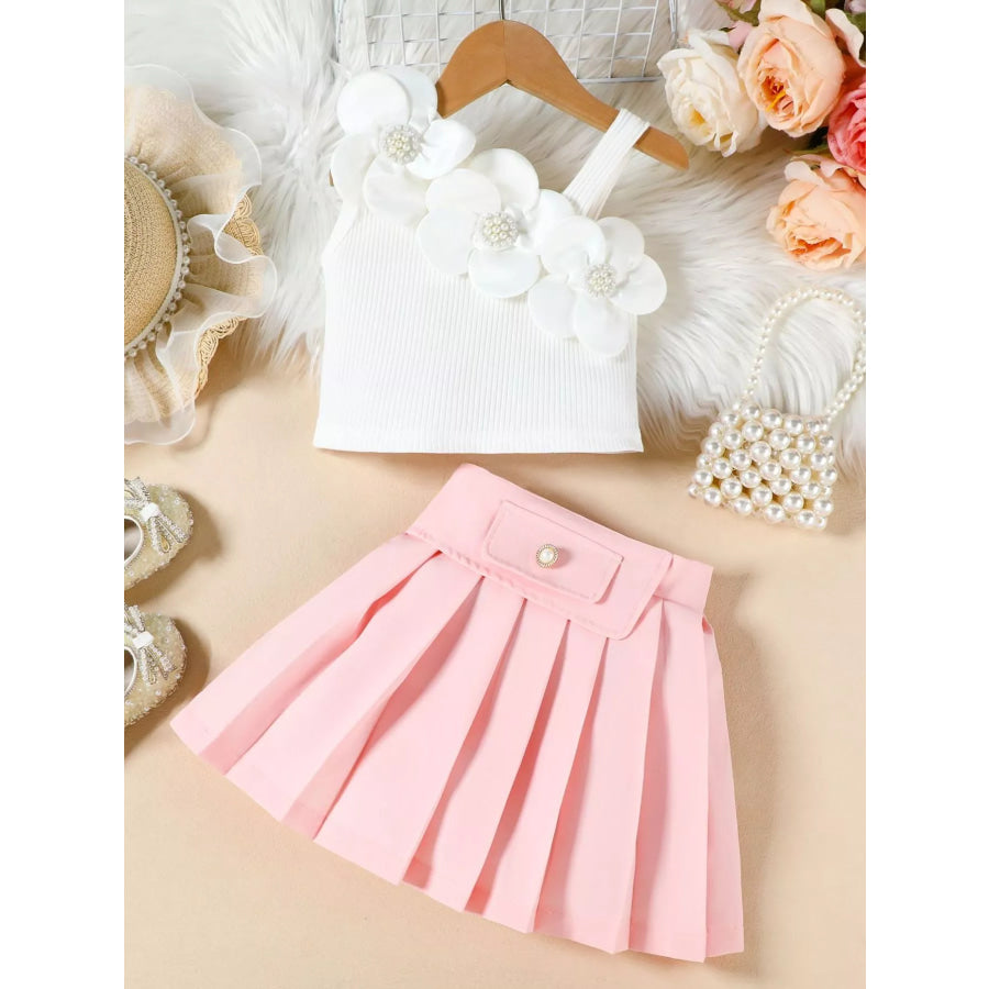 Children’s Floral Applique Tank Top & Pleated Skirt Set Pink / 2-3 Apparel and Accessories