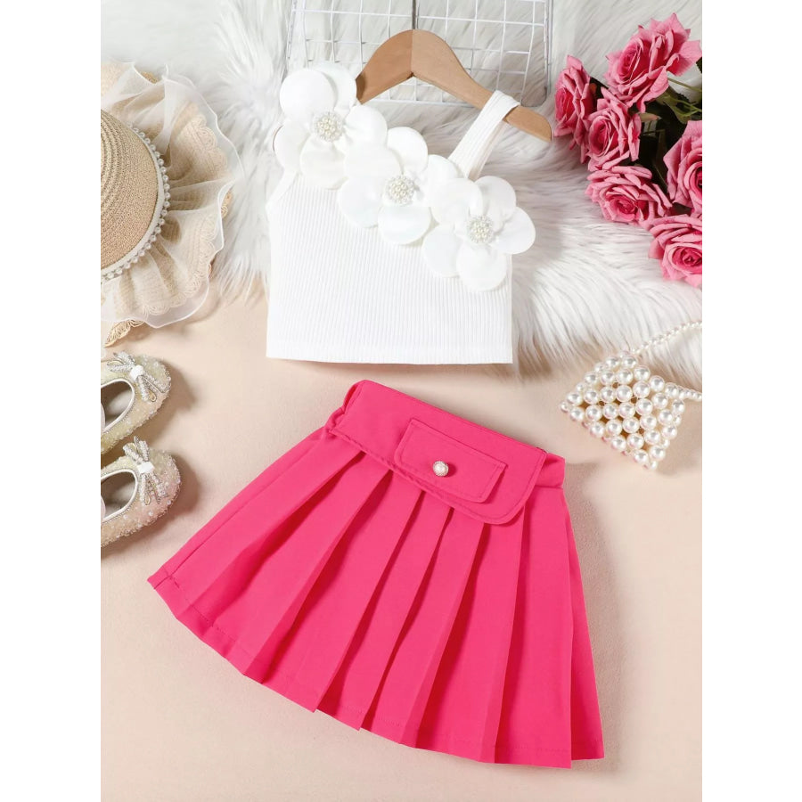 Children’s Floral Applique Tank Top & Pleated Skirt Set Rose Red / 2-3 Apparel and Accessories
