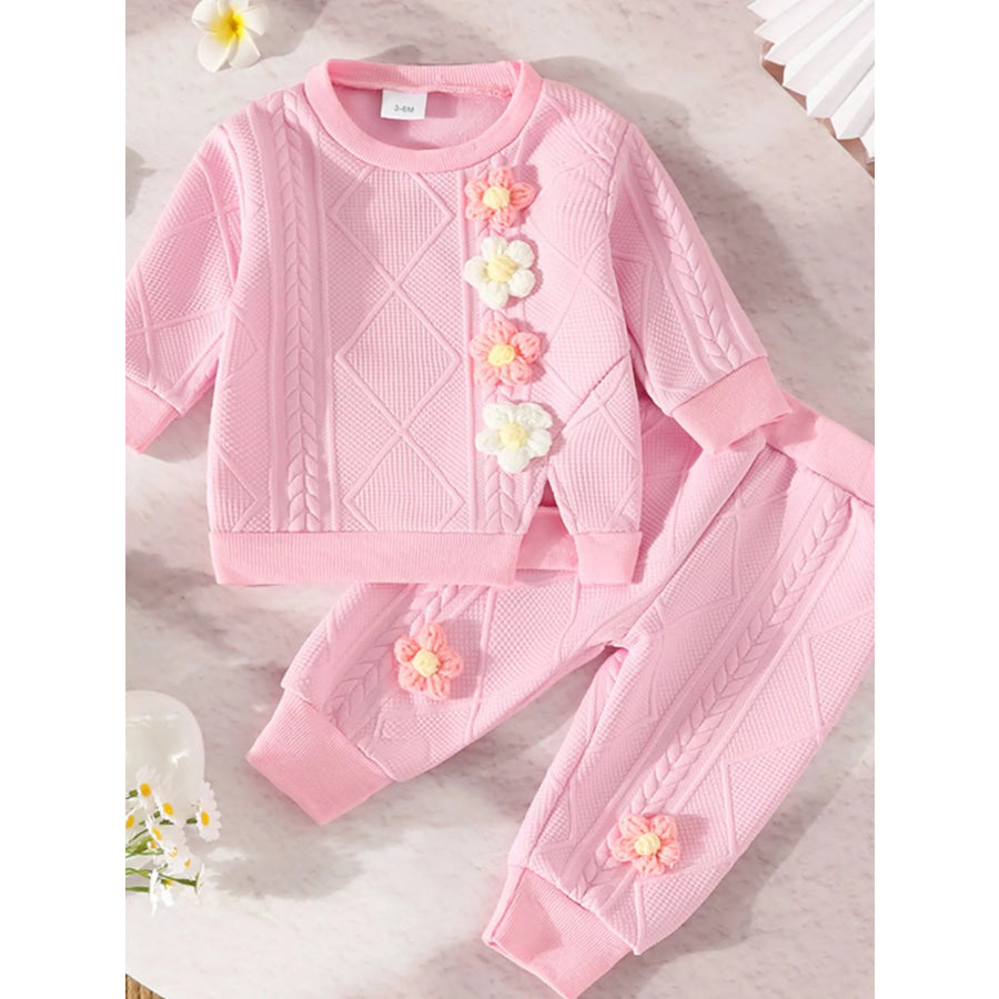 Children’s Floral Applique Top and Pants Set Pink / 3-6M Apparel and Accessories