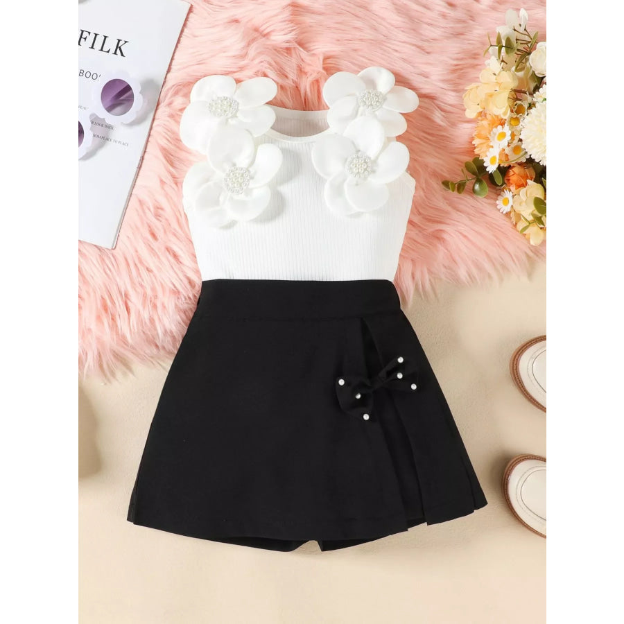 Children’s Floral Applique Top & Bow Decor Skirt Set Black / 2-3 Apparel and Accessories