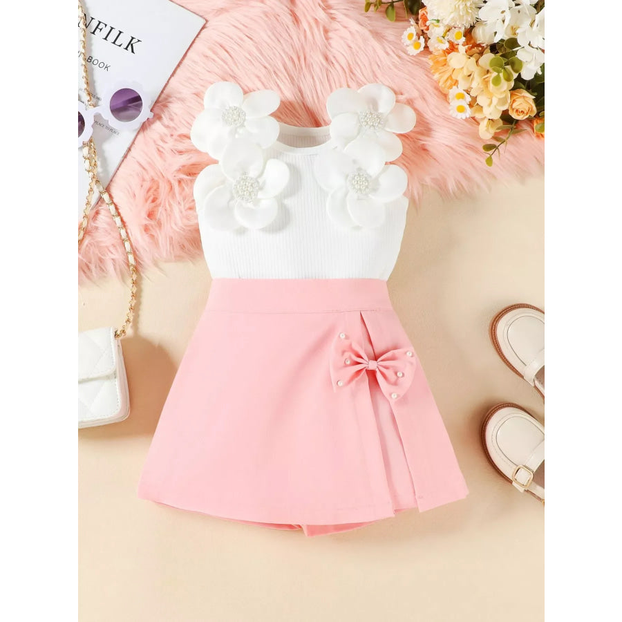 Children’s Floral Applique Top & Bow Decor Skirt Set Pink / 2-3 Apparel and Accessories