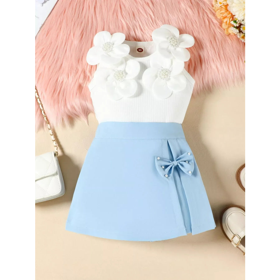 Children’s Floral Applique Top & Bow Decor Skirt Set Sky Blue / 2-3 Apparel and Accessories