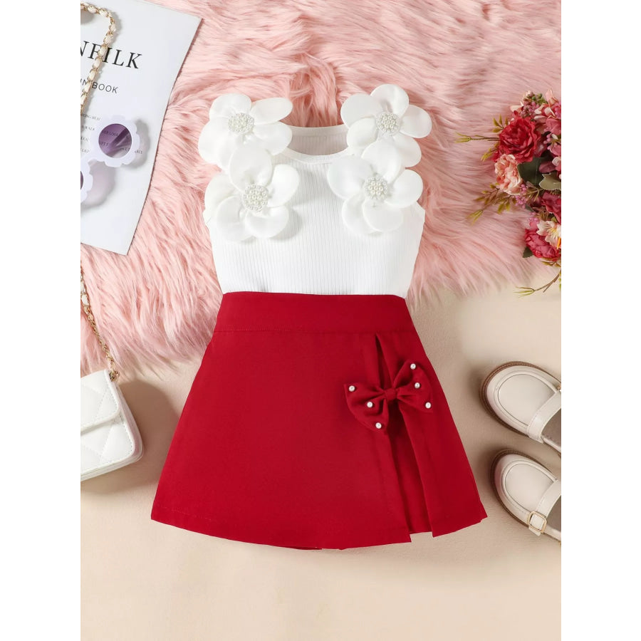 Children’s Floral Applique Top & Bow Decor Skirt Set Wine Red / 2-3 Apparel and Accessories