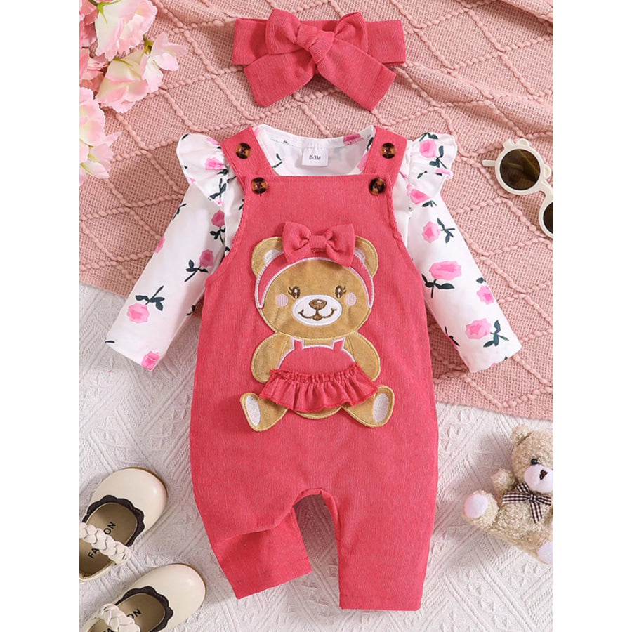 Children’s Floral Bodysuit and Bear Overalls Set with Headband Pink / 0-3M Apparel and Accessories
