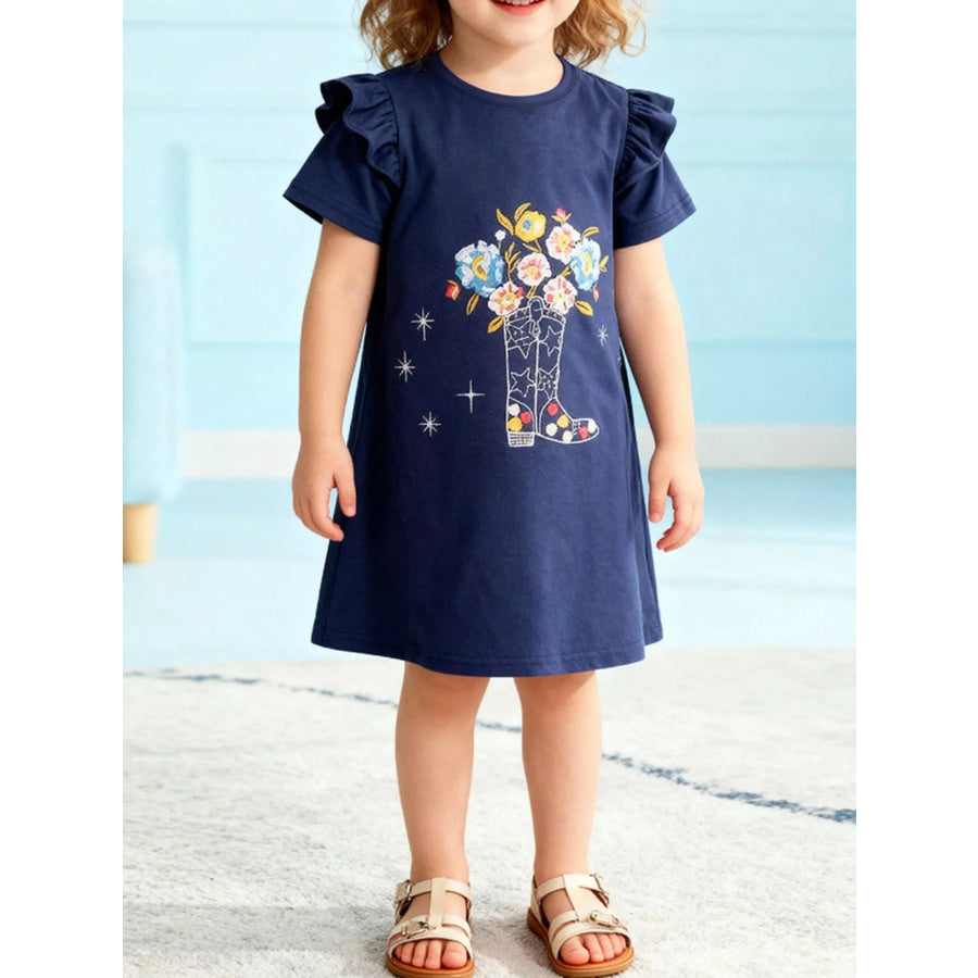 Children’s Floral Boot Ruffle Sleeve Casual Dress Dark Blue / 2Y Apparel and Accessories