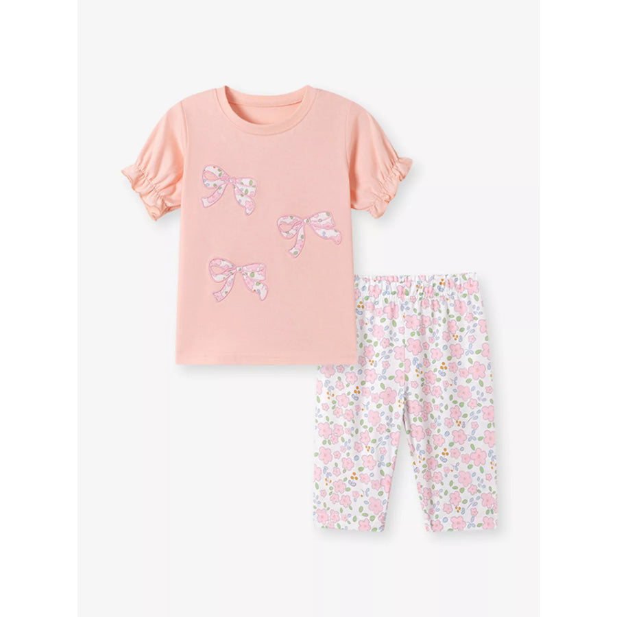 Children’s Floral Bowknot Ruffle Sleeve Top & Cropped Pants Set Apparel and Accessories