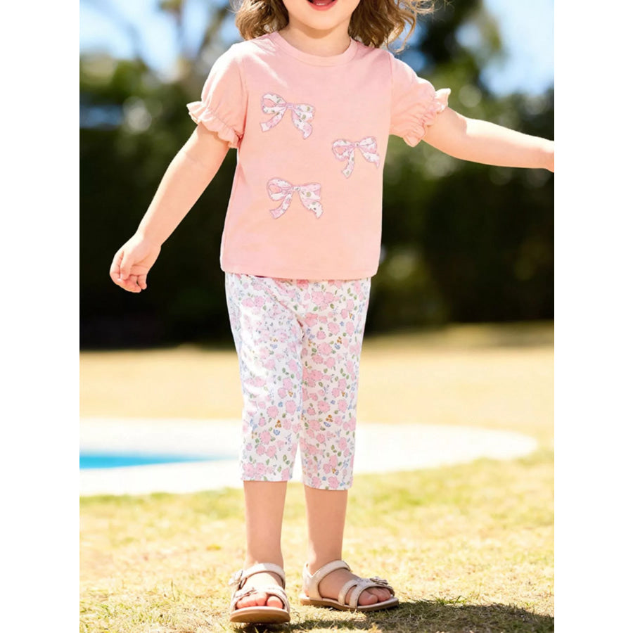 Children’s Floral Bowknot Ruffle Sleeve Top & Cropped Pants Set Watermelon pink / 2Y Apparel and Accessories