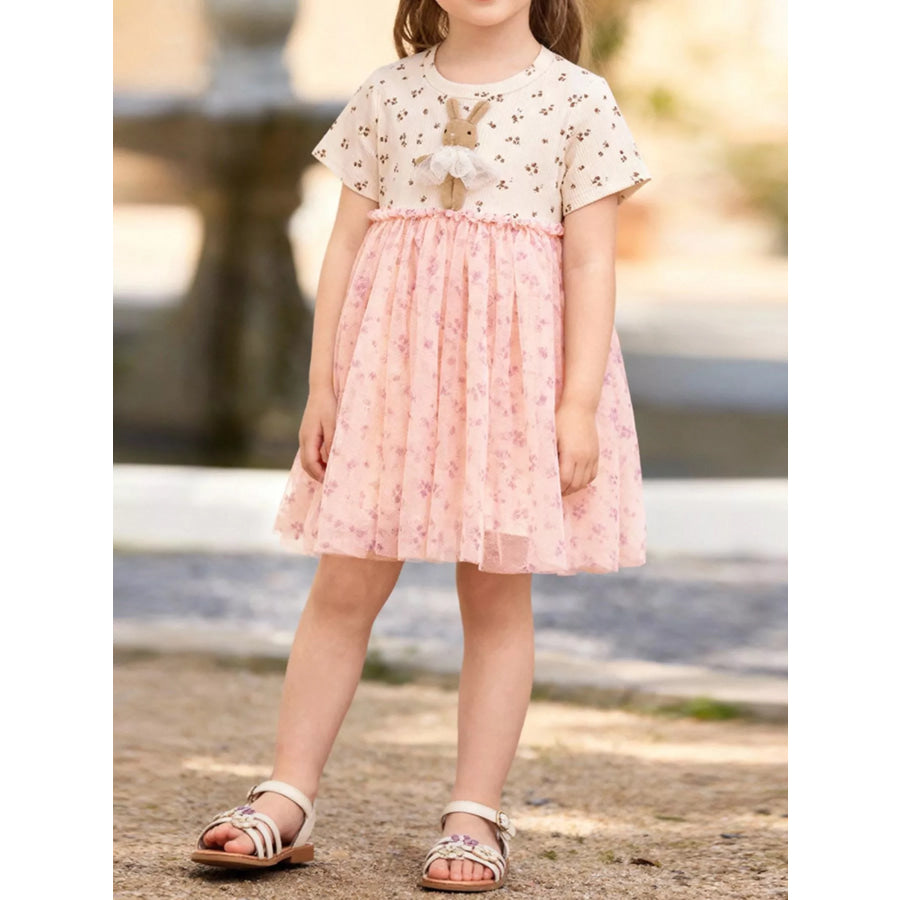 Children’s Floral Bunny Applique Tulle Dress Watermelon pink / 2Y Apparel and Accessories