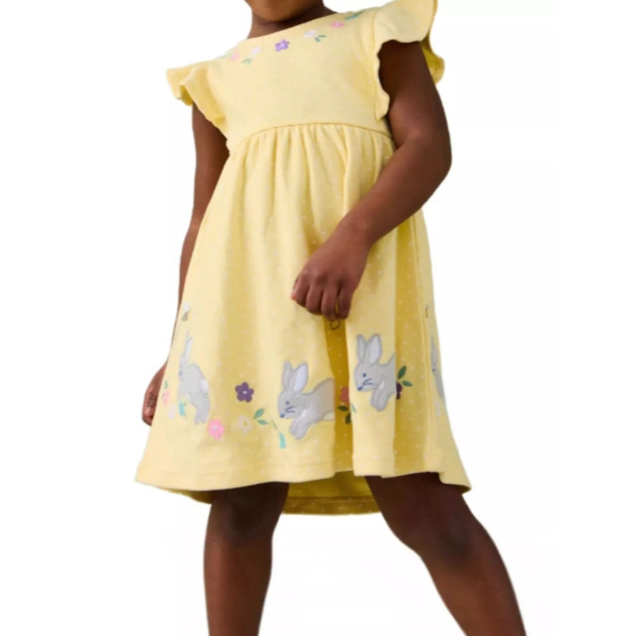 Children’s Floral Bunny Embroidered Polka Dot Dress Yellow / 2T Apparel and Accessories