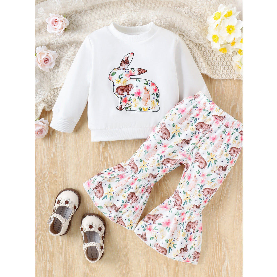 Children’s Floral Bunny Print Top and Pant Set White / 6-12M Apparel and Accessories