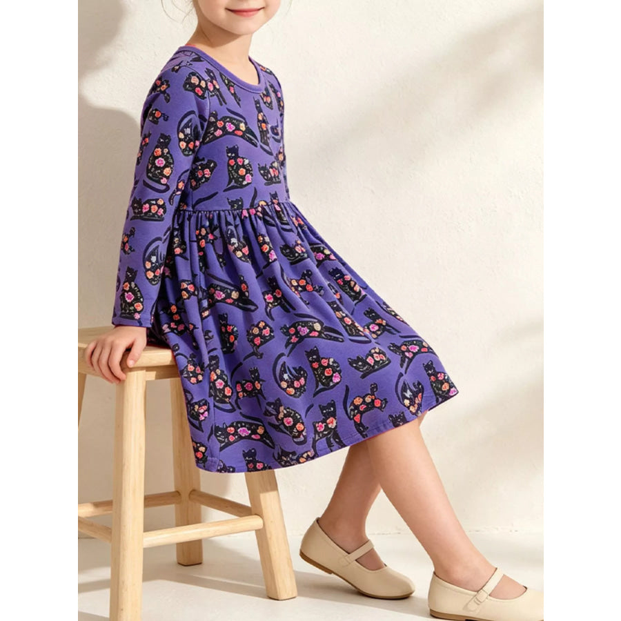 Children’s Floral Cat Print Long-Sleeve A-Line Casual Dress Violet / 2Y Apparel and Accessories
