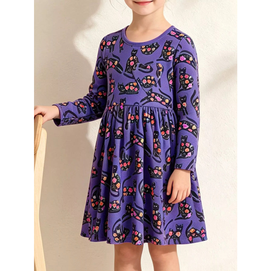 Children’s Floral Cat Print Long-Sleeve A-Line Casual Dress Violet / 2Y Apparel and Accessories