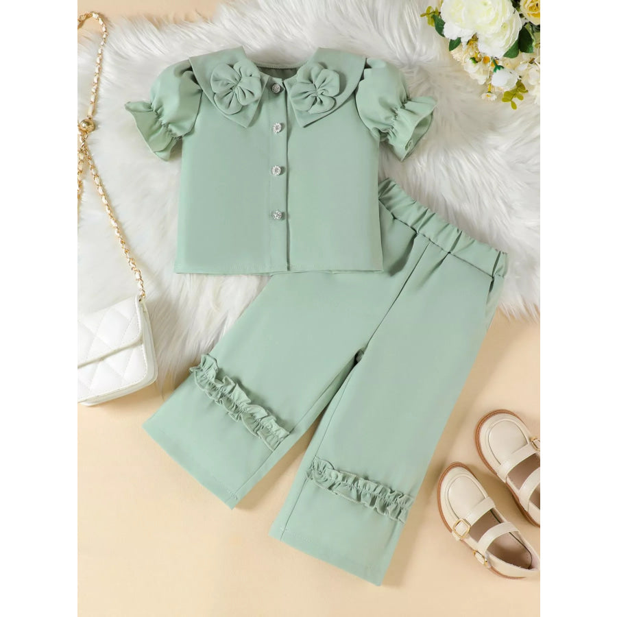 Children’s Floral Decor Ruffle Trim Top & Pants Set Green / 2-3 Apparel and Accessories