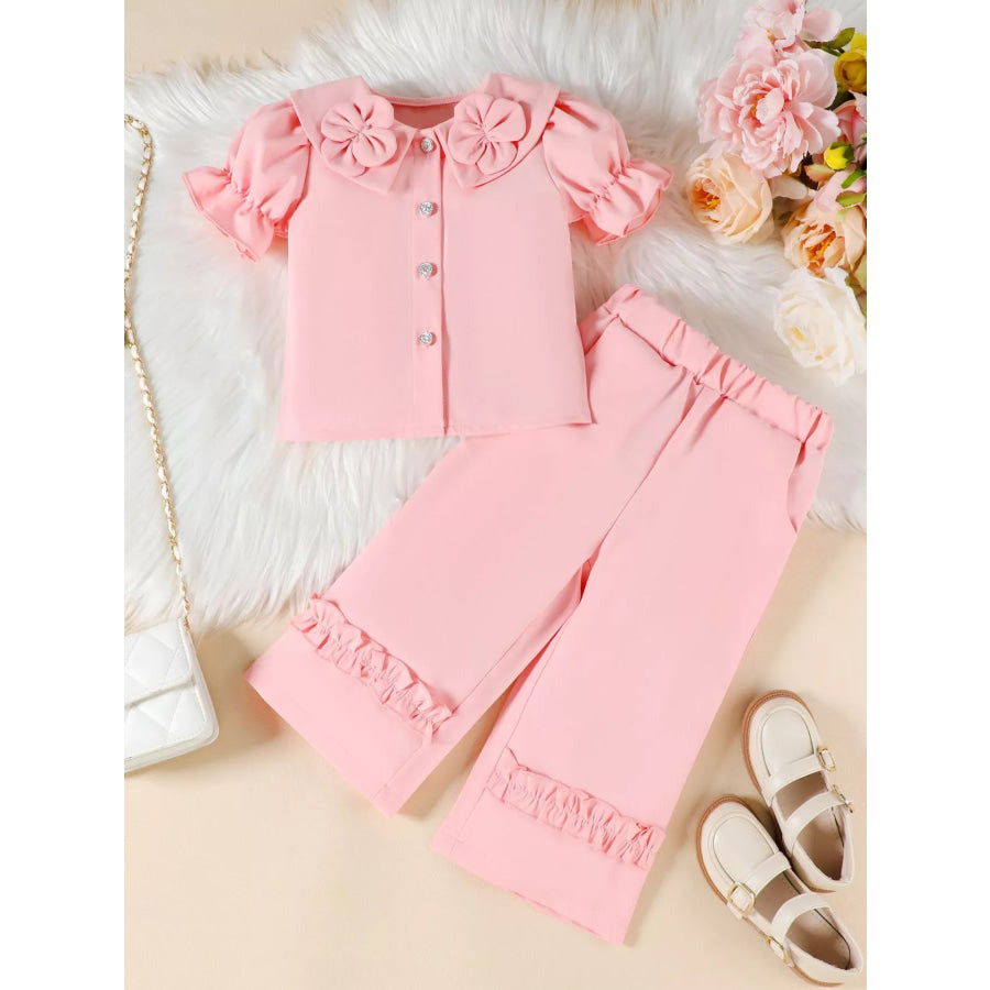 Children’s Floral Decor Ruffle Trim Top & Pants Set Pink / 2-3 Apparel and Accessories