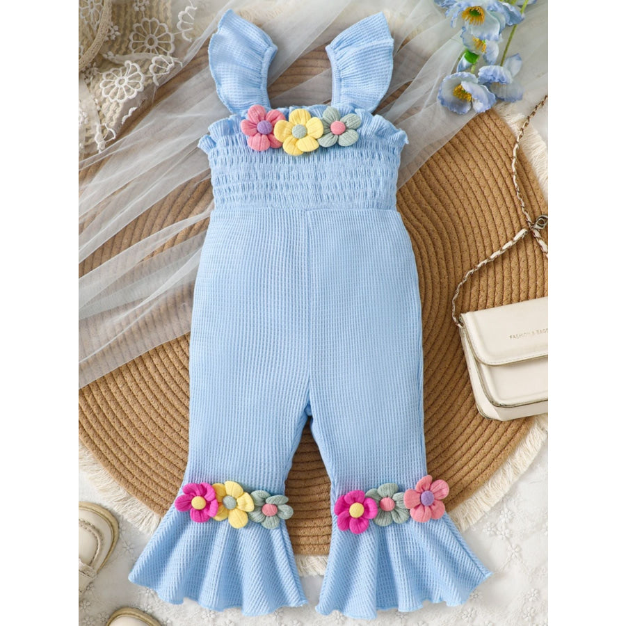 Children’s Floral Decor Smocked Ruffle Hem Jumpsuit Pastel Blue / 6-9M Apparel and Accessories