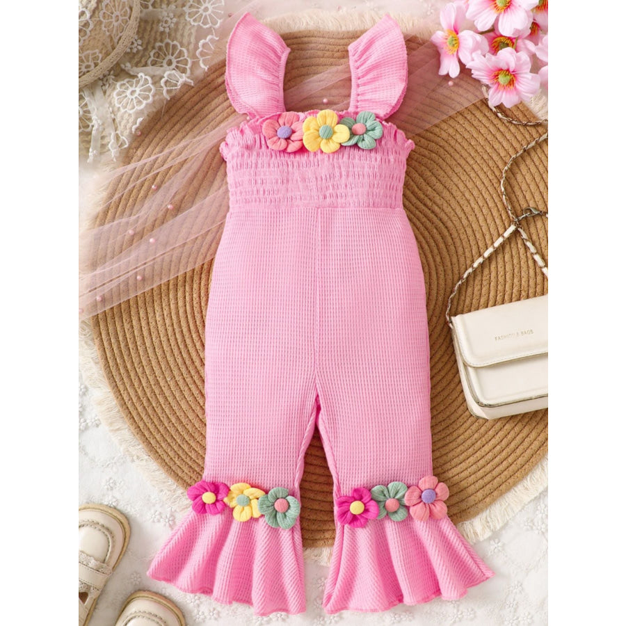 Children’s Floral Decor Smocked Ruffle Hem Jumpsuit Pink / 6-9M Apparel and Accessories