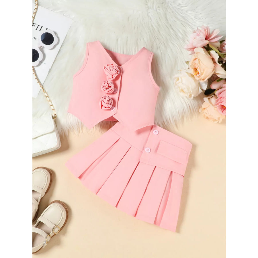 Children’s Floral Decor Vest & Pleated Skirt Set Pink / 2-3 Apparel and Accessories
