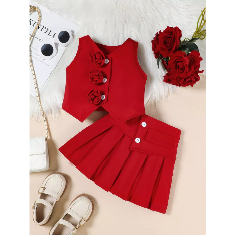 Children’s Floral Decor Vest & Pleated Skirt Set Wine Red / 2-3 Apparel and Accessories