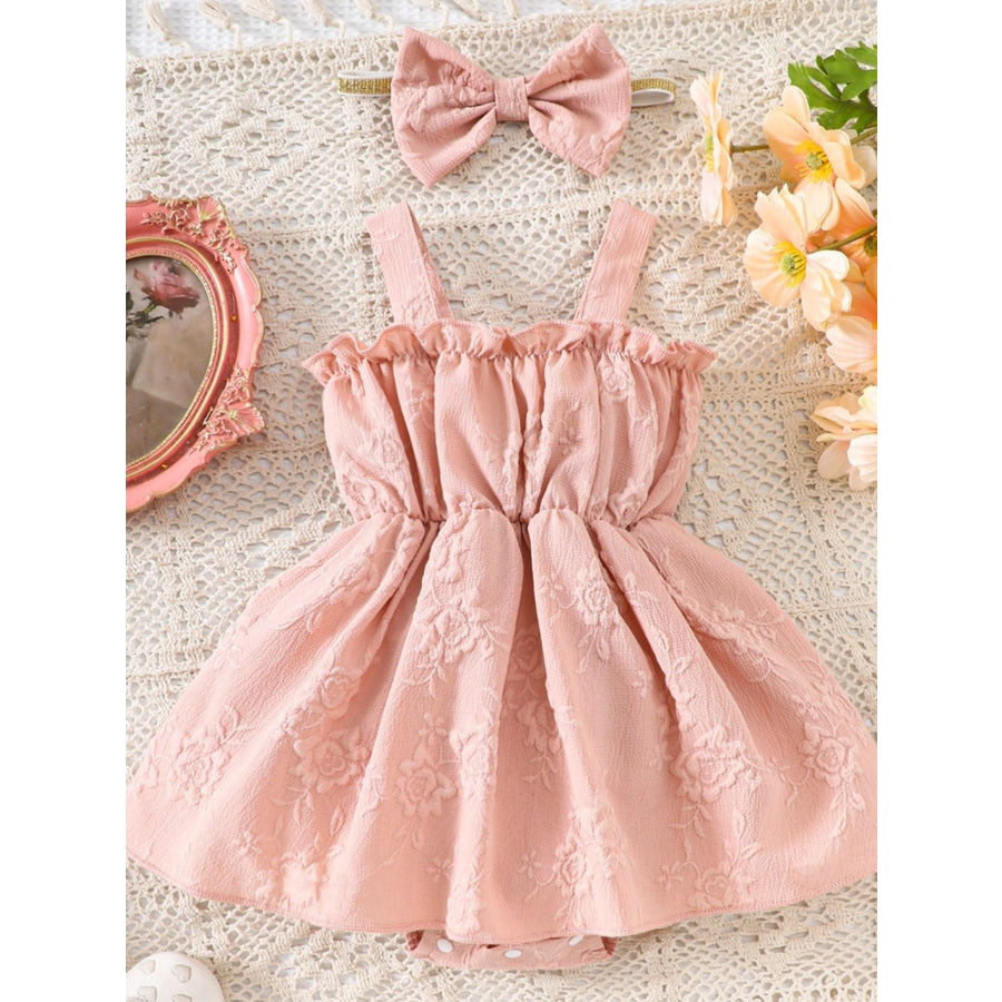 Children’s Floral Embossed Ruffle Trim Baby One-Piece with Headband Dusty Pink / 3-6M Apparel and Accessories