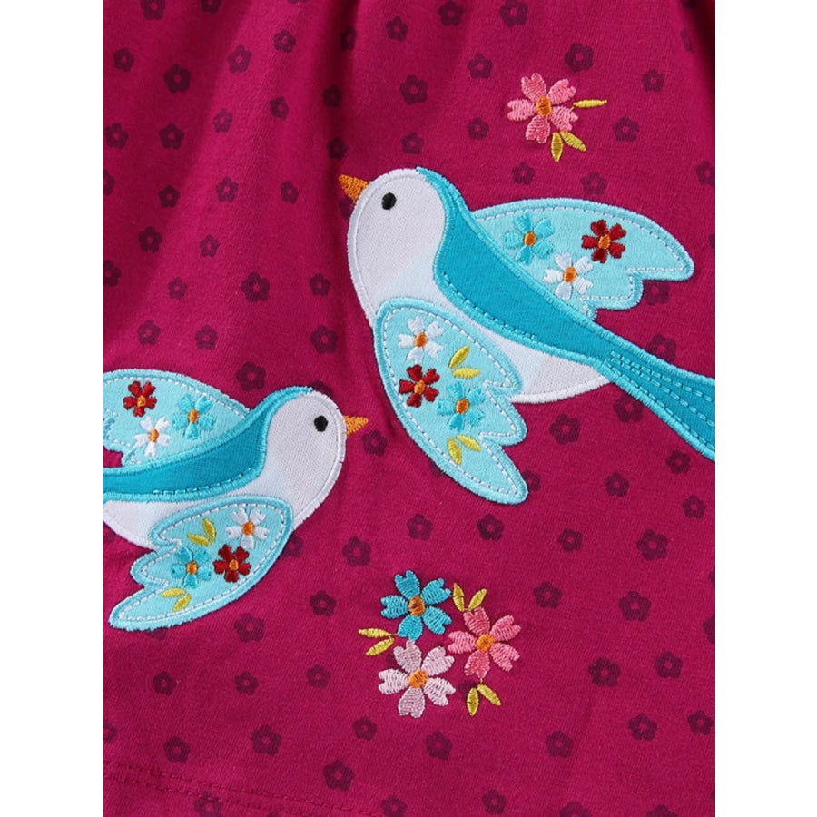 Children’s Floral Embroidered Bird Applique Dress Apparel and Accessories