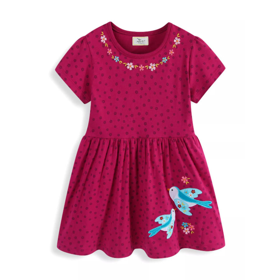 Children’s Floral Embroidered Bird Applique Dress Cerise / 2T Apparel and Accessories
