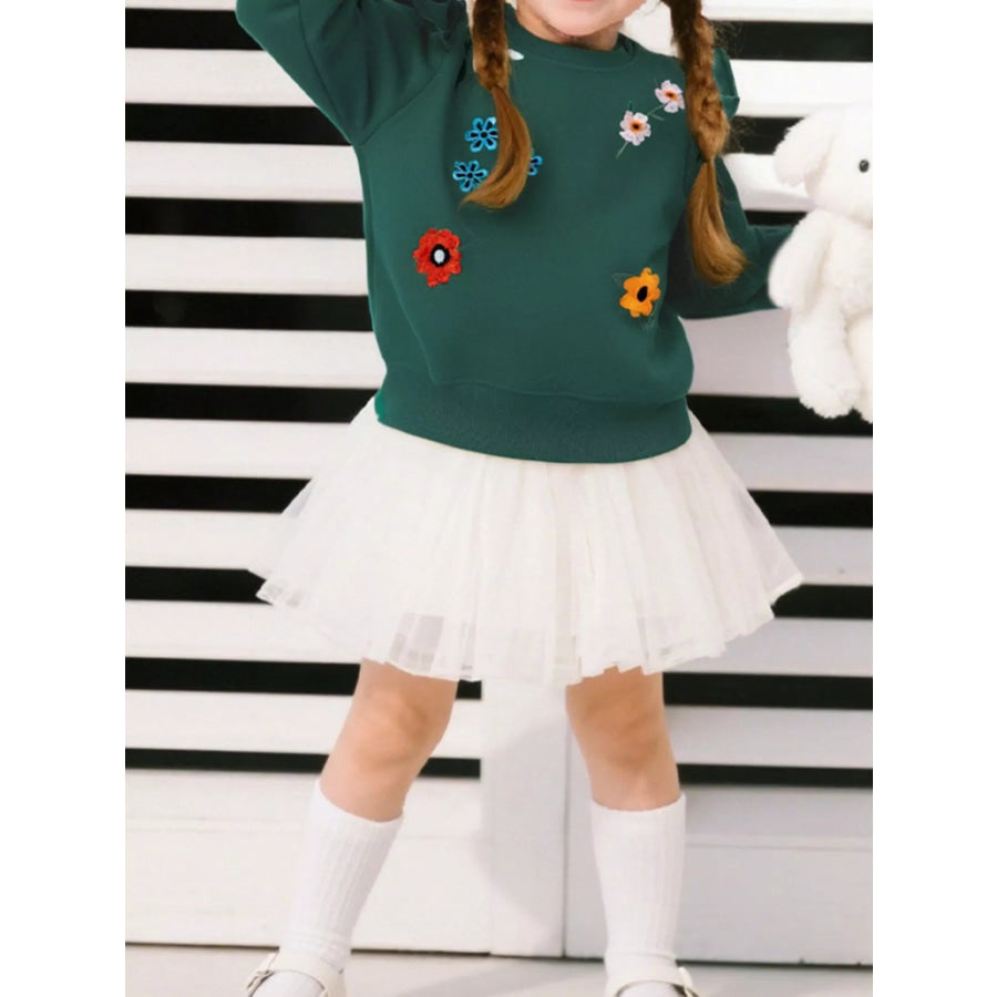 Children’s Floral Embroidered Crew Neck Sweatshirt Dark Green / 2Y Apparel and Accessories