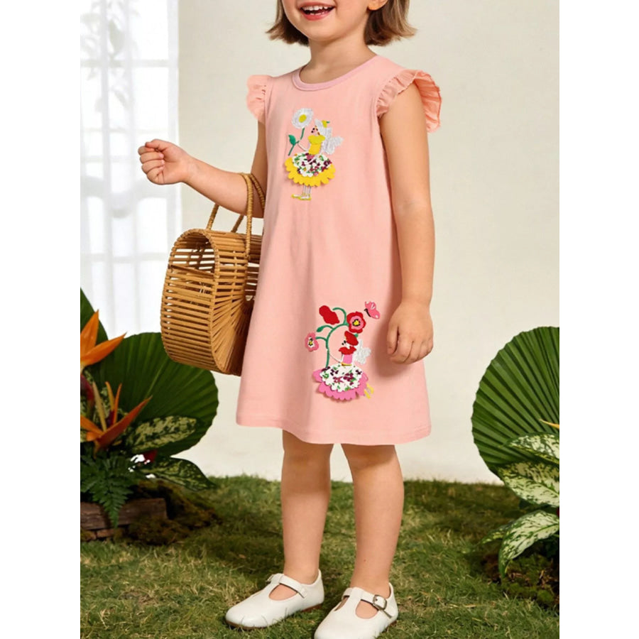 Children’s Floral Embroidered Ruffle Sleeve Casual Dress Watermelon pink / 2Y Apparel and Accessories