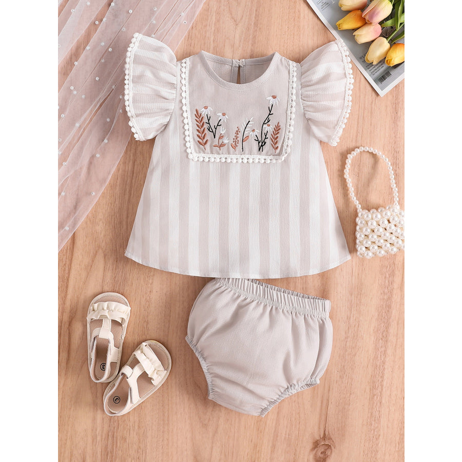 Children’s Floral Embroidered Striped Top and Bottom Set Light Gray / 0-3M Apparel and Accessories