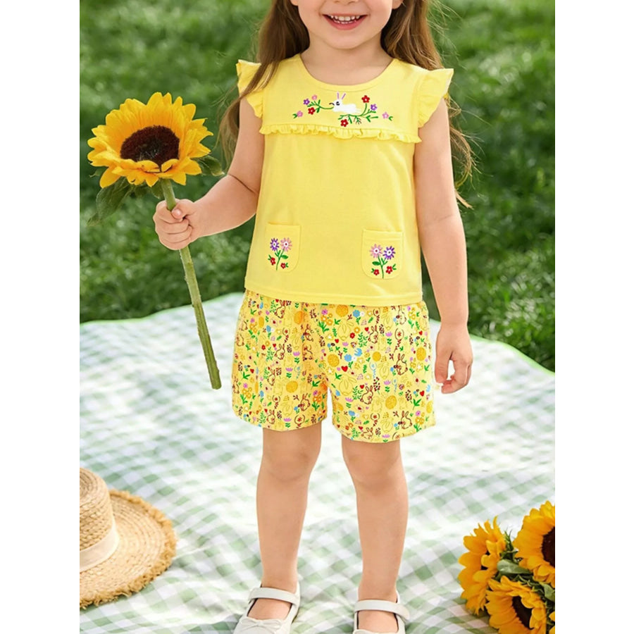 Children’s Floral Embroidered Top and Printed Shorts Set Yellow / 2Y Apparel and Accessories