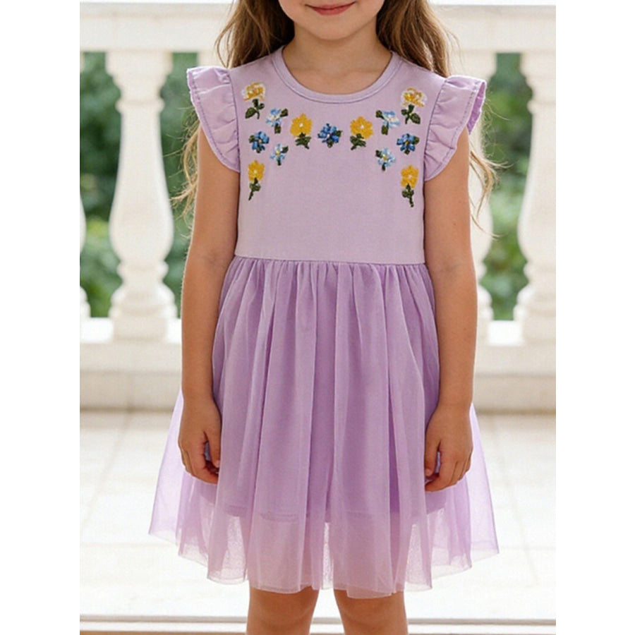 Children’s Floral Embroidered Tulle Dress Lavender / 2Y Apparel and Accessories