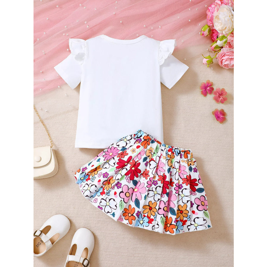 Children’s Floral Graphic Ruffle Sleeve Top & Skirt Set Apparel and Accessories