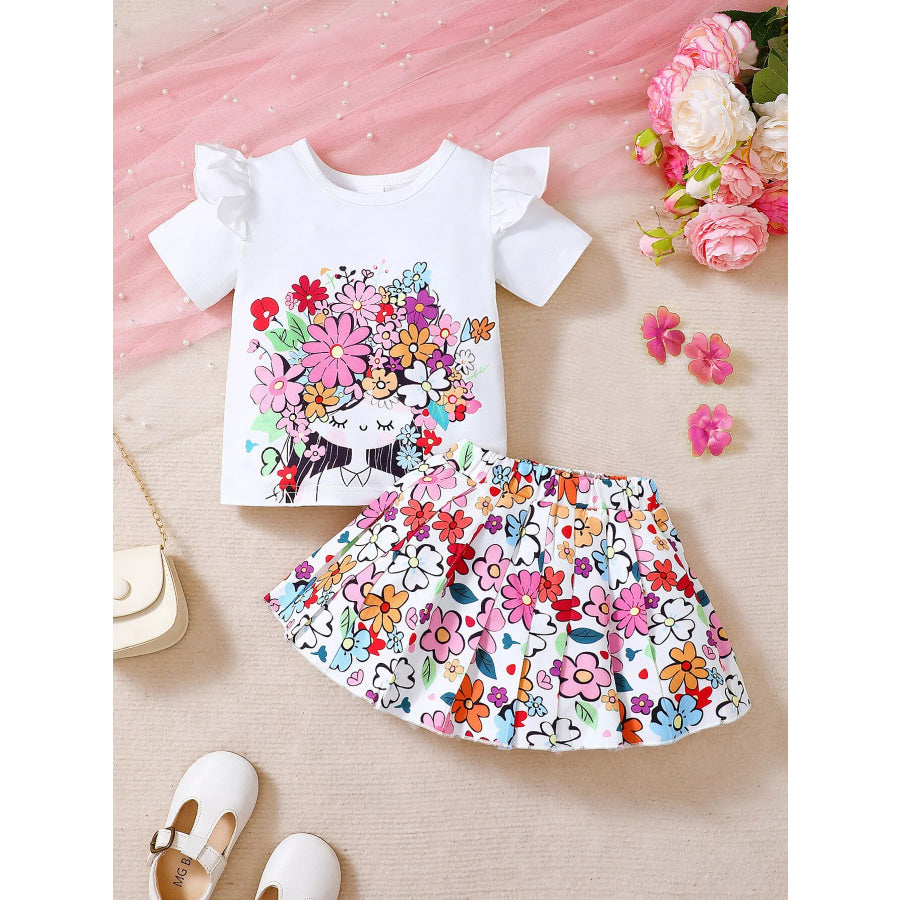 Children’s Floral Graphic Ruffle Sleeve Top & Skirt Set White / 6-9M Apparel and Accessories