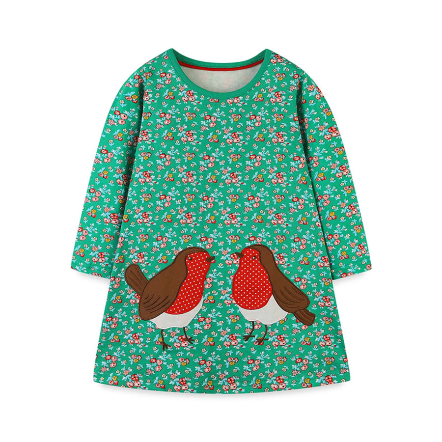 Children’s Floral Print Bird Long Sleeve Dress Apparel and Accessories