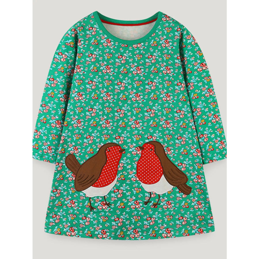 Children’s Floral Print Bird Long Sleeve Dress Green / 2Y Apparel and Accessories